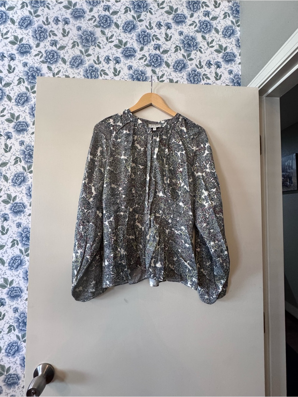 Joie Printed Button-Front Blouse in Green and White